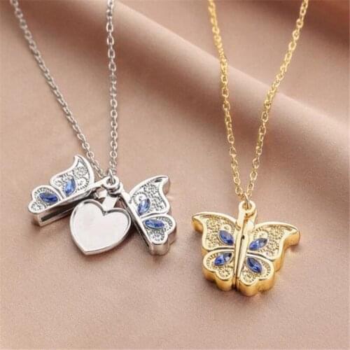 Fine Metal Gold And Silver Color Crystal Butterfly Necklace Openable Photo Box Heart-Shaped Necklace Fasion Jewelry