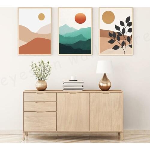 Landscape Sun and Mountain Wall Art Print Minimalist Canvas Paintings Leaves Plant Poster Living Room Home Decor