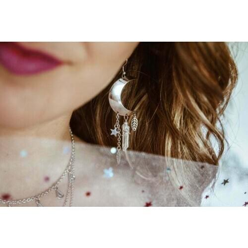 Celestial Moon and Stars Earrings -Leafs and Stars,Crescent Moon Silver Plated Earrings,Crystals,Gift
