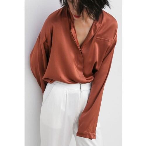 JIUNINE Original design silk oversize drop shoulder loose shirt loose solid color silk shirt womens sexy tops women blouses