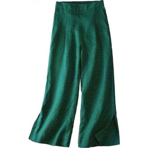 2021 Summer New Arts Style Elastic Waist Ankle-length Loose Femme Pantalon Linen Vintage Women Casual Wide Leg Pants Harajuku