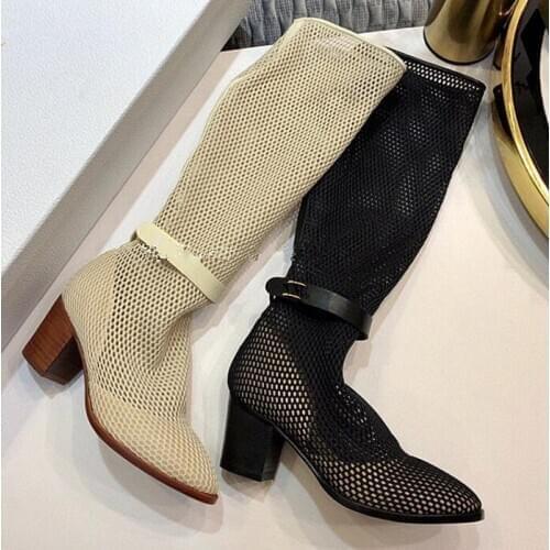 Beige Black Mesh Air mesh Long Women Boots Ankle Buckle Metal letter chunky heel knee high boots