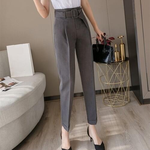 Spring Autumn 2021 New Black Women Formal Harem Pants with Belted Pockets High Waist Elegant Office Lady Ankle-Length Pants