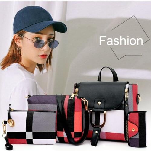 Samll Plaid Print Backpack For Women Girls Fashion Designer Crossbody Shoulder Bag 4 pieces Bags Set Clutch Purse Bolsos Mujer