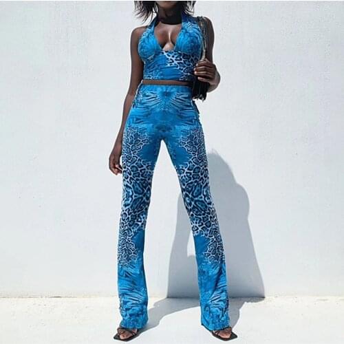 Retro Blue Snake Printed 2-Piece Sets Women Crop Tops+Flare Pants Outfits Streetwear Sexy Ladies 2021Summer Mini Camis Pant Sets