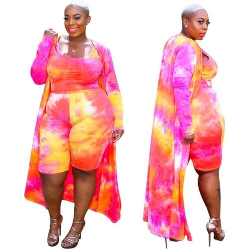 Tie-dye Printing Women Three Piece Sets 2021 Autumn Plus Size Square Collar Vest + Skinny Shorts + Ankle-length Cardigan Outfits