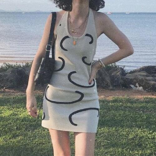 Abstract Line Printed Halter Neck Mini Dress Women Summer Sexy Off Shoulder Backless Slim Fit Fashion Summer Tank Dress