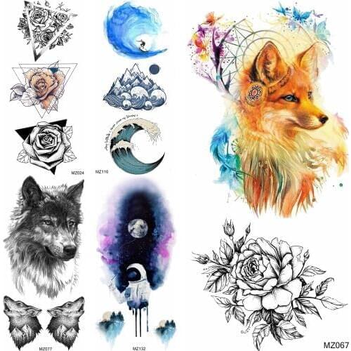 Watercolor Fox Rose Temporary Tattoos For Women Body Art Arm Spray Tattoo Sticker Flower Spaceman Waterproof Girls Fake Tatoos