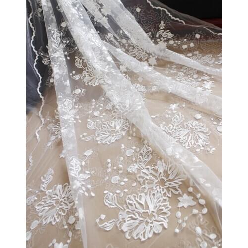 Sequins whole piece embroidery lace fabrics full piece flowers with sequince bridal dress lace