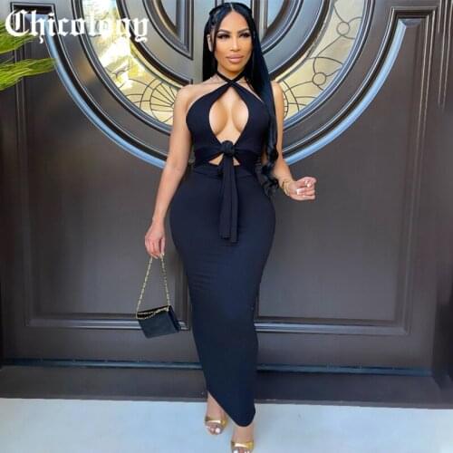 Chicology Women Summer 2021 Sexy Strappy Cross Halter Neck Long Prom Club Dress Hollow Out Sleeveless Bodycon Birthday Dresses