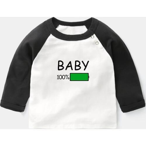 Funny Baby 100% Battery Print Tee Baby Long Sleeve T-shirts Kids T Shirt Tops 0-2 Years Girls Boys Gift Childs Christmas Present