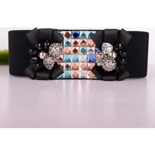 Elegant Women Elastic Waistband Vintage Stretch Waist Belt Crystal Flower Buckle High Waist Belts Elastische riemen
