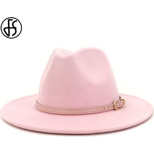 FS Pink Felt Hat Winter Fedora Hats Women Imitation Wool Blend Wide Brim Panama Classic British Autumn Lady Jazz Cap for Men