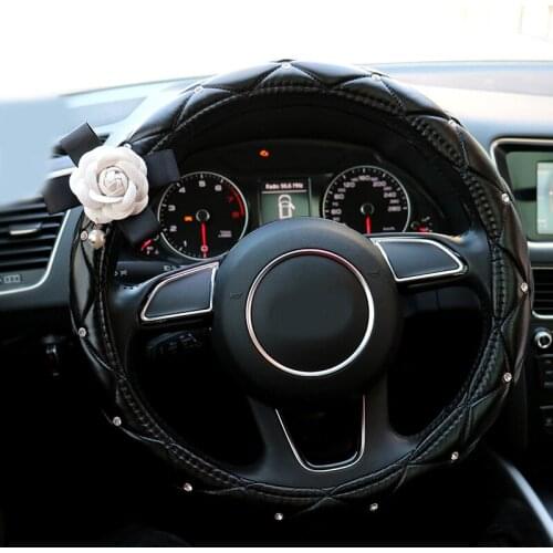 Newest Leather Cartoon Flower Steering Wheel Covers Crystal Studded Rhinestone Car Steering-Wheel Cover Cases For Girls Womens