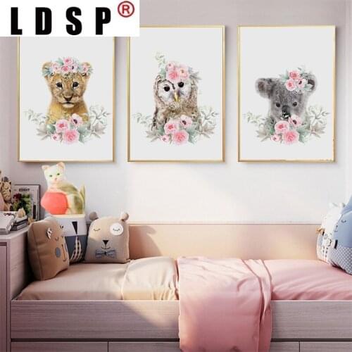 LDSP Pictures Room Decor Animal Wall Art Canvas Painting Elephant Giraffe Lion Flowers Poster Nursery Prints Kids Decoration