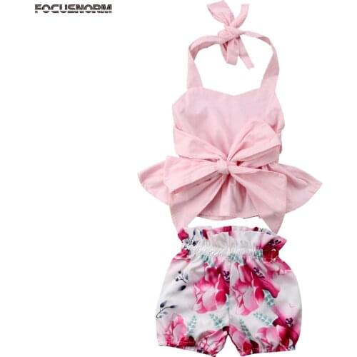 Newborn Infant Girl 2 Piece Set Bow Belted Blouse Tops + Floral Short Pants Summer 2Pcs Outfits Clothes