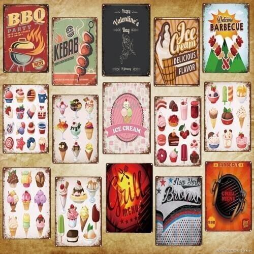 Grill Menu BBQ Metal Signs Ice Cream Cupcake Tin Poster Food Drinks Gin Plate For Kitchen Home Cafe Bar Decoration Vintage