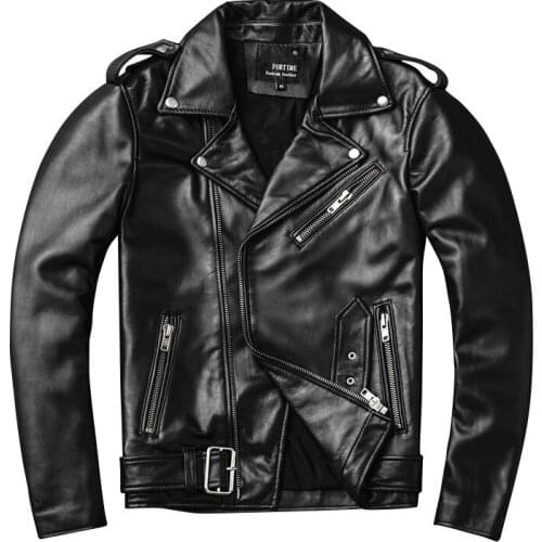 2021 Mens sheep genuine leather jacket mens motorcycle belt lapel leather jacket slim trend jacket