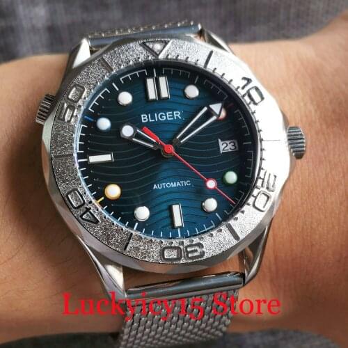 BLIGER 41mm Selfwinding Men Watch NH35A Luminous Index Steel Band Date Window Brushed YM Insert Screwdown Crown