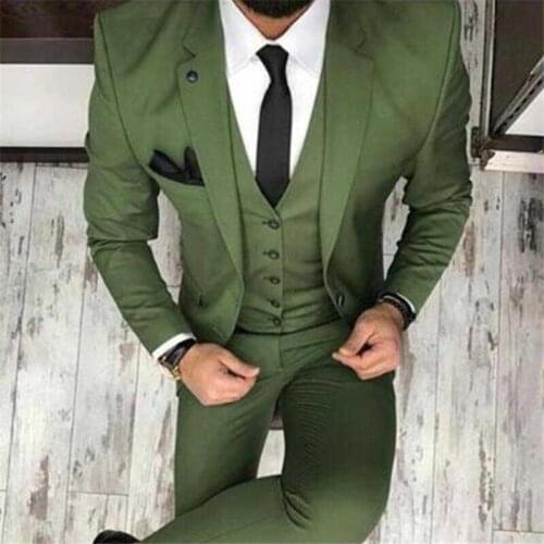 Fashion Men' S Oilve Green Blue 3-Piece Notch Blazer Classic Tuxedo Groomsmen For Party(Blazer+vest+Pants) New 2020