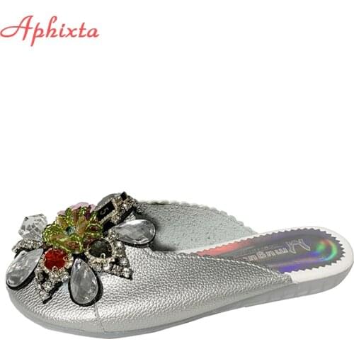 Aphixta Luxury Diamond Mules Women Slides Crystals Round Toe Ladies Bling Flower Shoes Summer Footwear Plus Big Size 43 Slippers