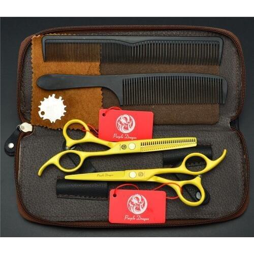 4Pcs/Set 5.5'' Yellow 440C Professional Human Hair Scissors Hairdressing Comb +Cutting +Thinning Shears Hair Styling Tools Z1023