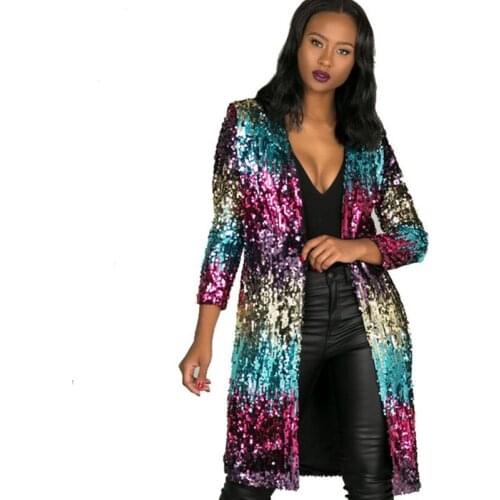 Autumn Fashion Colorful Shiny Sequin Cardigan Trench Coat Loose Casual Women Long Coat