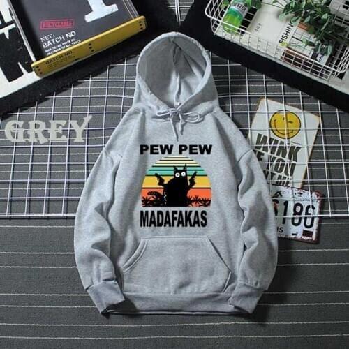 Casual Fashion Funny Printed Cat Pew Pew Madafakas Hoodies Unisex Hooded Women Long Sleeve Pullovers Sweatshirts men clothing