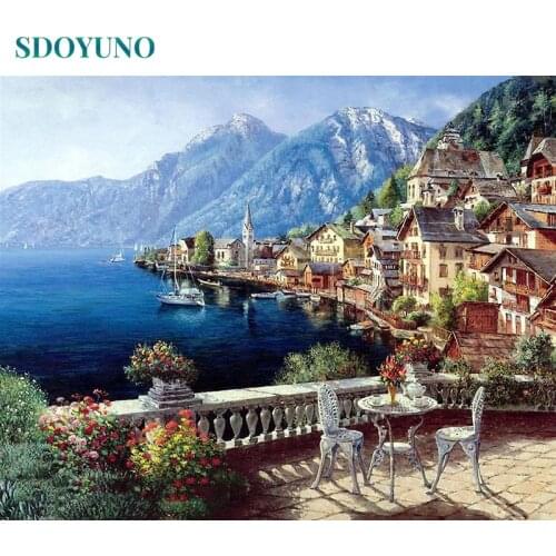 SDOYUNO Frame DIY Painting By Numbers Kits Harbor Chair Landscape Acrylic Paint By Numbers Living Room Painting & Calligraphy