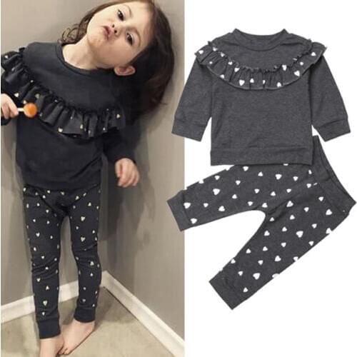 Spring Autumn 2PCS Toddler Kids Baby Girl Clothes set Long Sleeve Ruffle Heart Print Pullover Tops+Pants Outfits 1-4 Years