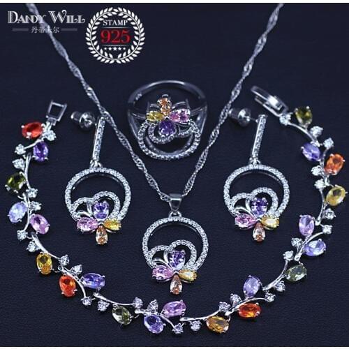 Natural Silver Color Jewelry Muliticolor Birthstone Charm Jewelry Sets Women Earrings/Pendant/Necklace/Ring/Bracelets