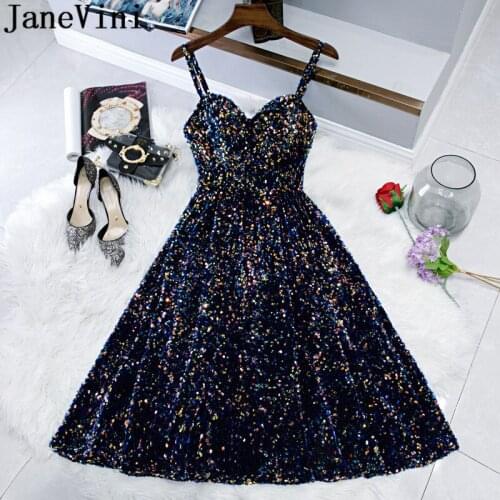 JaneVini Shiny Sequins Girls Banquet Evening Dresses Tea-length Spaghetti Straps A Line Mid-length Prom Party Gown vestito donna
