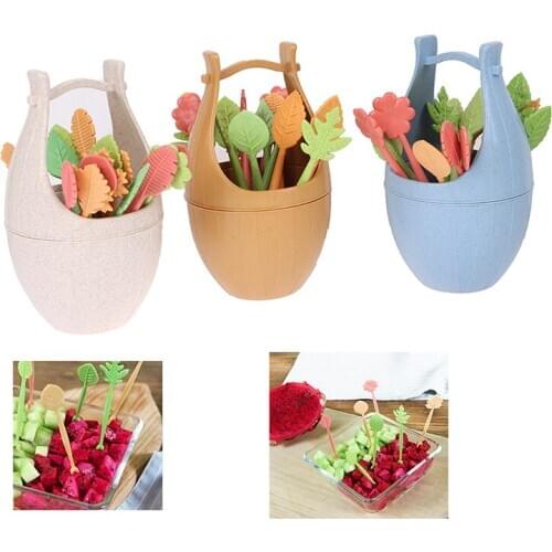 16pcs Fruit Fork Fruit Toothpick Lunch Cake Dessert Pick for Children Wedding Party Home Decor Barrel Leaves