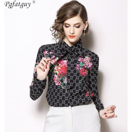 2019 Women Spring Floral Geometric Printing Blouses Shirts Lady Girls Casual Long Sleeve Bow Tie Turn Down Collar Button Blusas