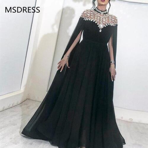 Sparkly Black Evening Dresses 2019 High Neck Caped Crystals Chiffon Dubai Kftan Saudi Arabic Long Evening Gown Prom Dress