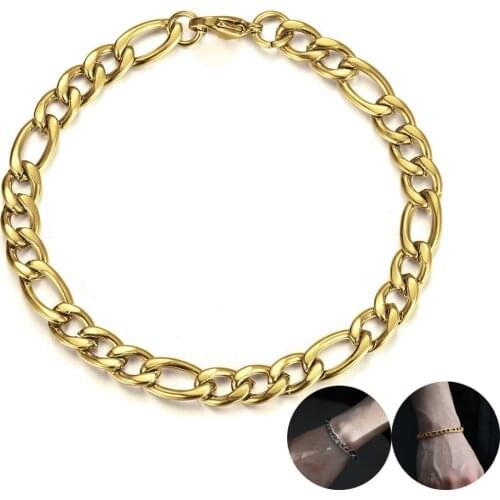 5/7/9mm Gold Color Bracelet for Men Women Stainless Steel Figaro Link Chain Womens Mens Bracelets 8-9inch Wholesale LKB661
