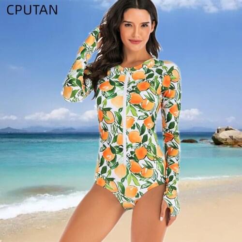 Print One-Piece Swimsuit Long Sleeve Swimwear Sports Plus Size Womens Swimming Bathing Suit Beach Wear Bather Surfing Suit 2021