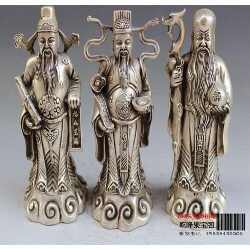 De plata de Tíbet hogar adorno de China figura mítica tres inmortales estatua fengshui-la riqueza Dios longevidad Dios bu