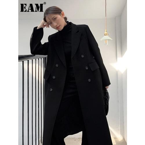 [EAM] Loose Double Breasted Long Woolen Coat Parkas New Notched Collar Long Sleeve Women Fashion Tide Autumn Winter 2021 1DD3894