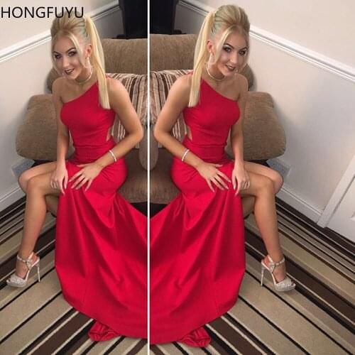 HONGFUYU Red Long Prom Dresses 2021 Sexy One Shoulder Sleeveless Evening Dress for Party Formal Gowns Side Slit vestido fiesta