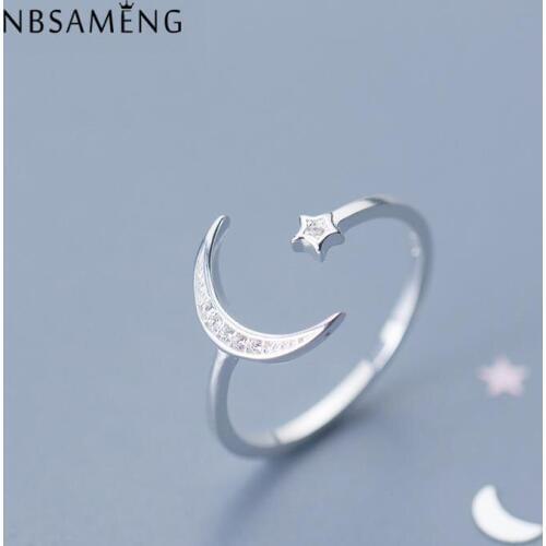 Authetic 925 Sterling Silver Moon Star Open Rings Adjustable For Women Hypoallergenic Fashion Girl Sterling-silver-jewelry