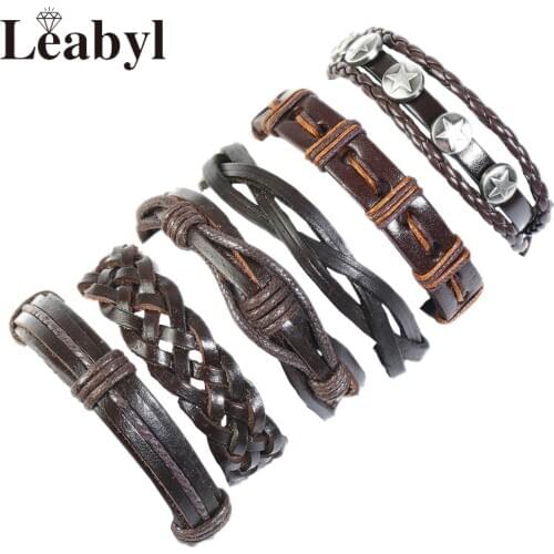 Leabyl 6 PCS/SET Classic Antique Star Bead Mens Vintage Bracelet Brown Leather Strap Wrap Punk Bracelet DIY Braided Bracelet Set