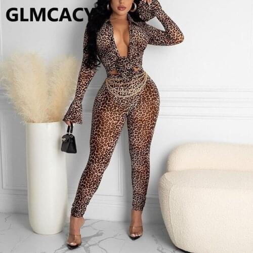 Long Sleeve Tie Front Leopard Jumpsuit Slim Chic Overalls