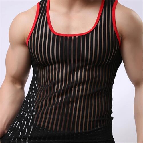 Summer Mens Undershirts Sleeveless Striped Shirts Solid Color Vest Male Mesh Sexy Transparent Tees Bottoming Shirt Men Sexy Wear