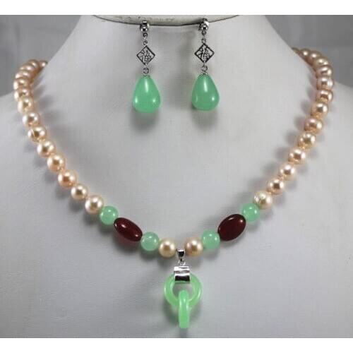 Fashion 8mm Mixed Color Pearl/Jades Necklace Earring Double Rings Jewelry Set