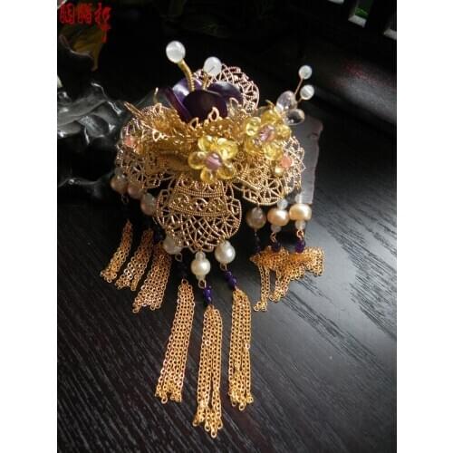 Jade pearl copper pinchcock gold plated hair pin classical vintage handmade original tassel hair pin