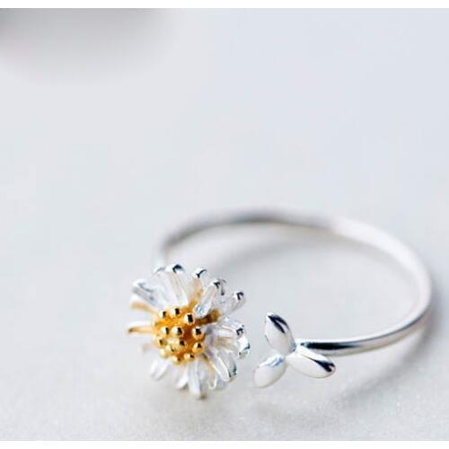 New 925 Sterling Silver Daisy Flower Rings for Women Adjustable Size Rings Fashion Wedding Jewelry Anillos Mujer