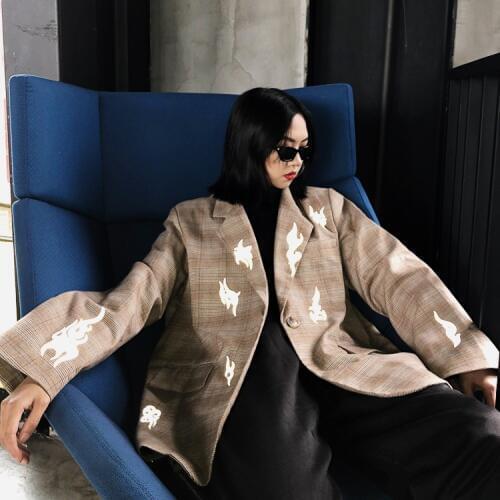 Self-retained high street Chao brand retro Plaid stitching flame reflective stripe cool small suit BF couple style jacket coat