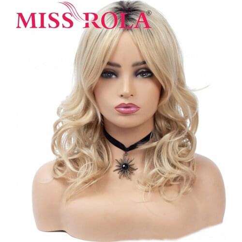 MISS ROLA Synthetic Hair Wig Ombre Brown Light Ash Blonde Medium Wave Wig for Black Women Heat Resistant Fiber Daily False Hair