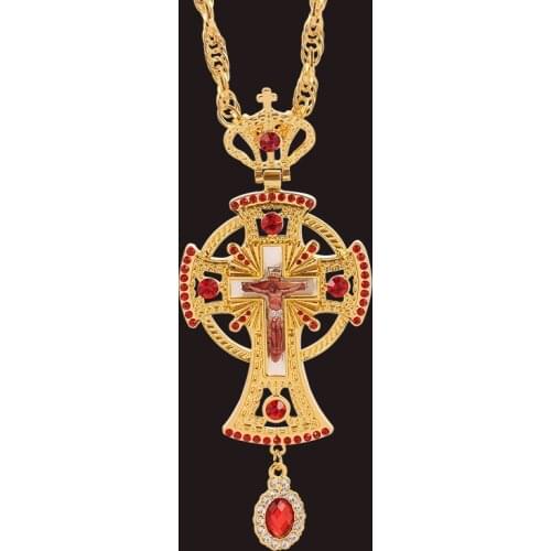 Hip Hop Orthodox Crucifix Pendants Chain Necklace Gold Color Water Drop Rhinestone Jewelry Jesus Cross Pastor Necklace